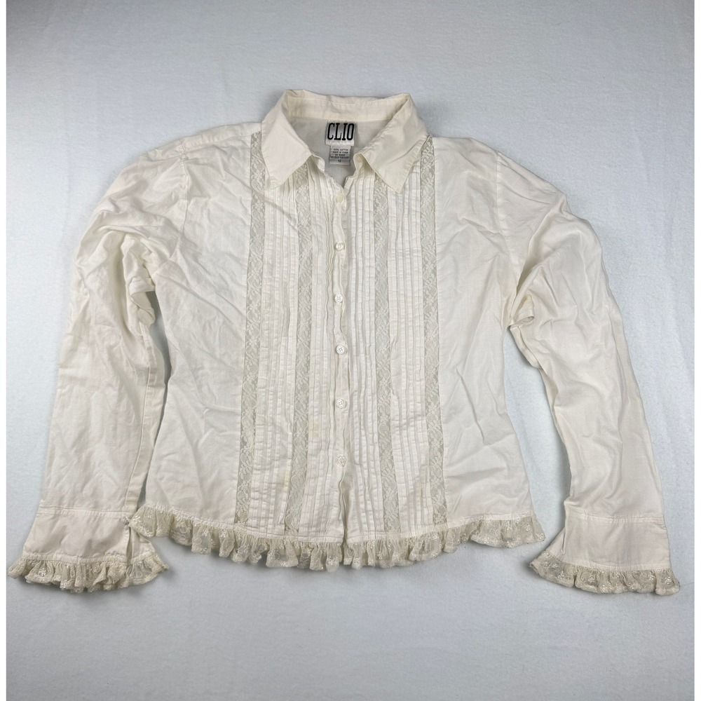 Clio Vintage Women Cream Cotton Lace Pintuck Ruffle Button Down Victorian 12